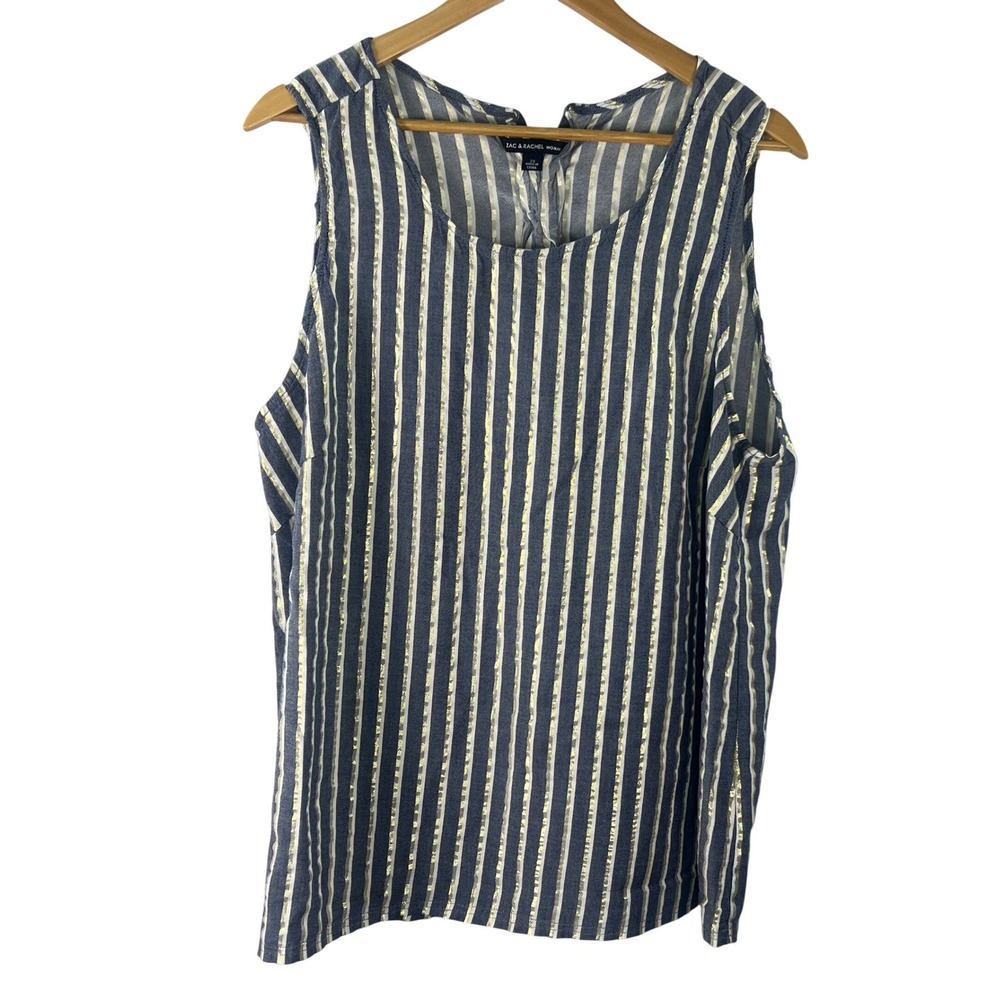 Zac & Rachel Woman Navy‎ Gold Metallic Striped Lace Up Back Sleeveless Top 2X